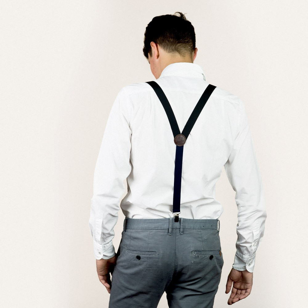 Bretelles Homme Larges à Pinces Et Cuir - Chevron Bleu Marine