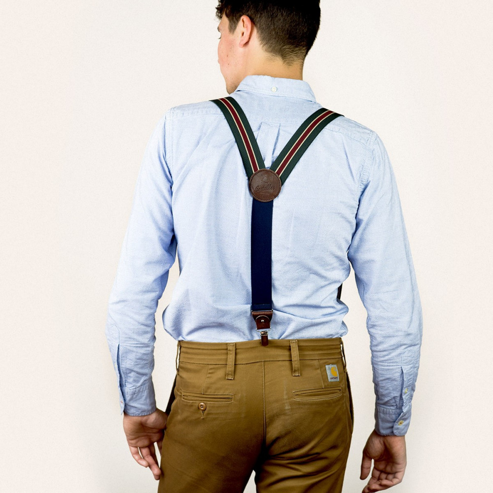 Bretelles homme larges à pinces et cuir – Rayure kaki, bordeaux et beige