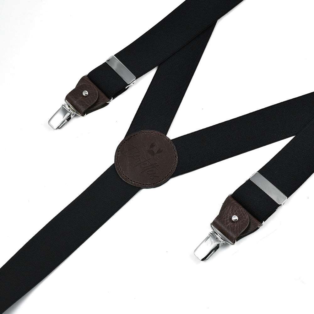 Wide men's braces / suspenders with leather details Black