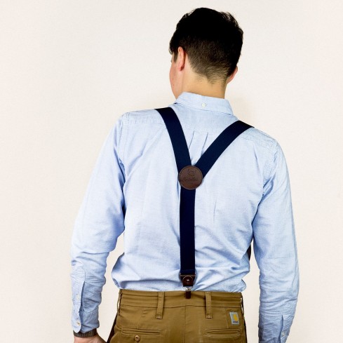 Bretelles Larges à pinces – Navy et Cuir